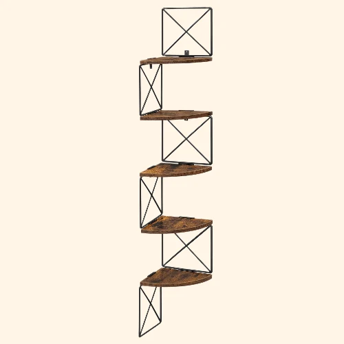 Etagère murale d'angle flottante industrielle bois et métal à 5 niveaux structure alternée