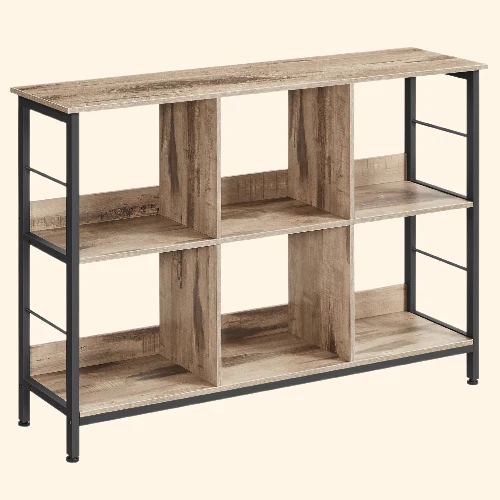 Meuble bas de rangement bois et metal style industriel sur pieds 6 compartiments sur 2 niveaux 120 x 33 x 80 cm