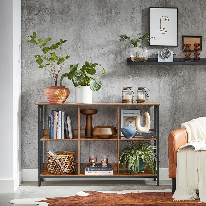Meuble bas de rangement bois et metal style industriel sur pieds 6 compartiments sur 2 niveaux 120 x 33 x 80 cm