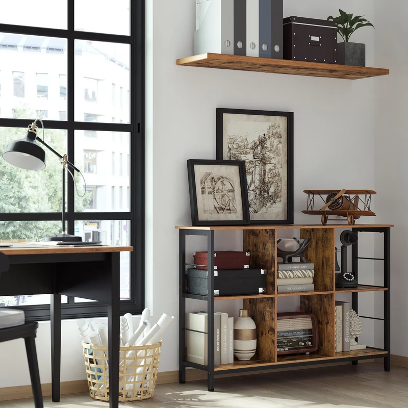 Meuble bas de rangement bois et metal style industriel sur pieds 6 compartiments sur 2 niveaux 120 x 33 x 80 cm