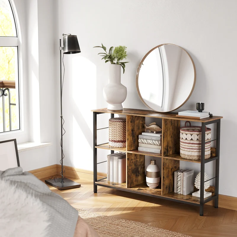 Meuble bas de rangement bois et metal style industriel sur pieds 6 compartiments sur 2 niveaux 120 x 33 x 80 cm