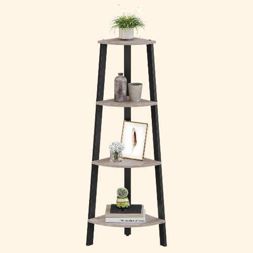 Meuble d'angle à 4 niveaux style trépied étagère bois structure métal