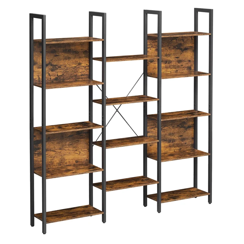 Bibliothèque salon bois et métal noir 14 compartiments