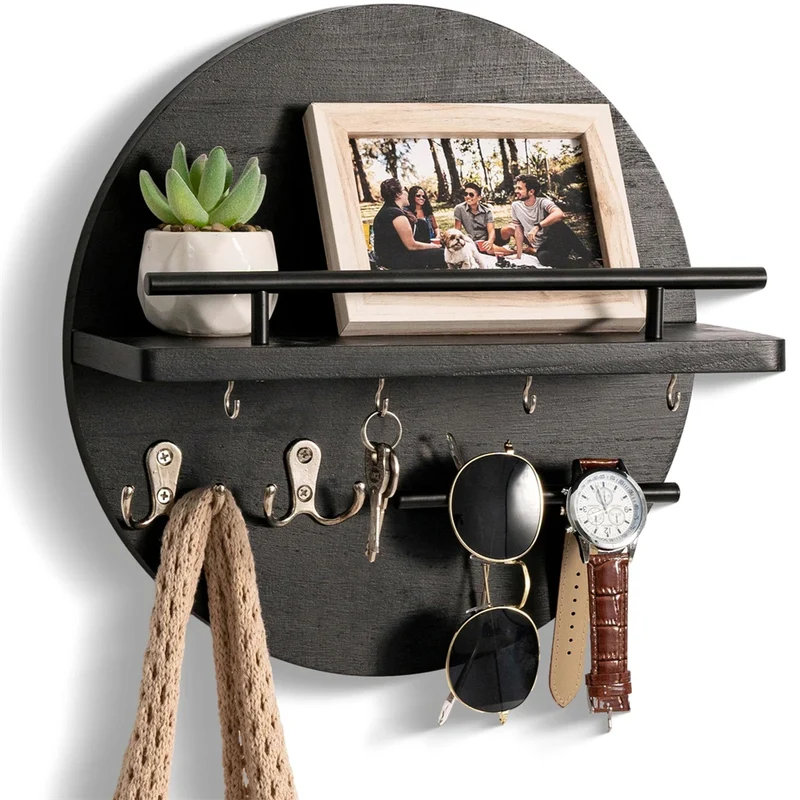 Etagère murale ronde simple niveau avec crochets suspendus