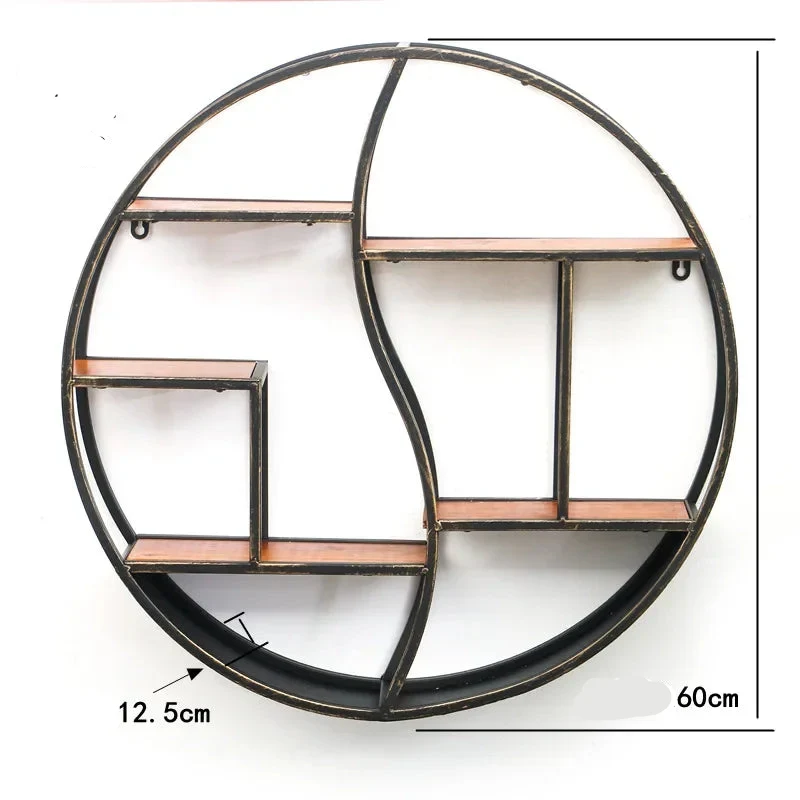 Etagère murale ronde noire en métal avec 6 tablettes en bois