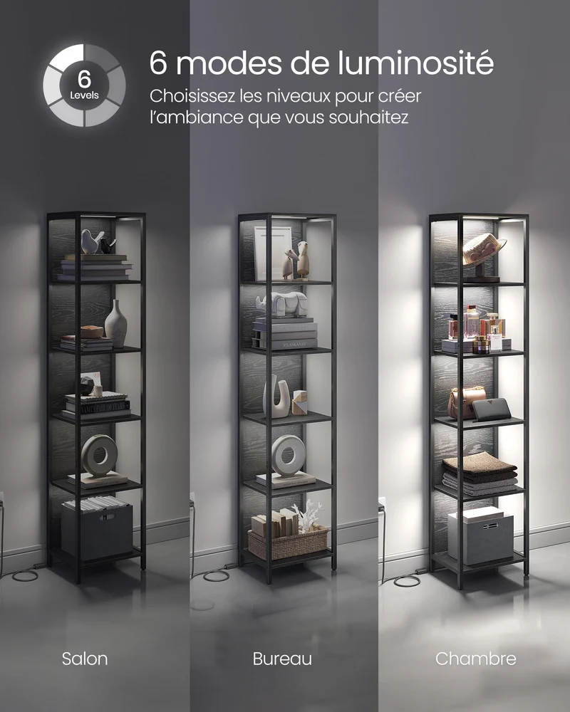 Etagère lumineuse salon en métal 6 niveaux - 30 x 40 x 179 cm