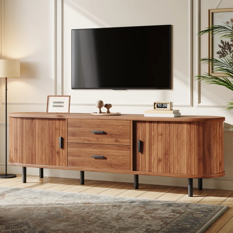 Meuble TV effet noyer avec portes coulissantes, 2 tiroirs et façade 3D 160x40x55cm PILLOWPRO