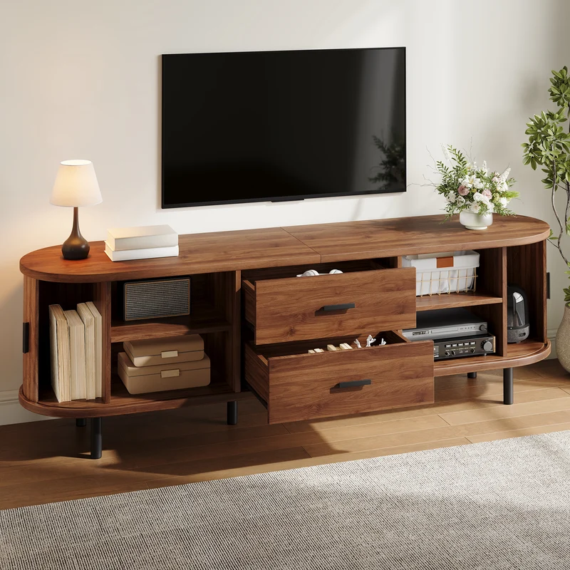 Meuble TV effet noyer avec portes coulissantes, 2 tiroirs et façade 3D 160x40x55cm PILLOWPRO