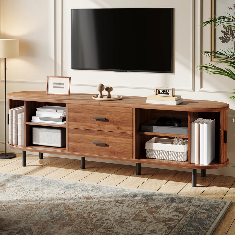 Meuble TV effet noyer avec portes coulissantes, 2 tiroirs et façade 3D 160x40x55cm PILLOWPRO