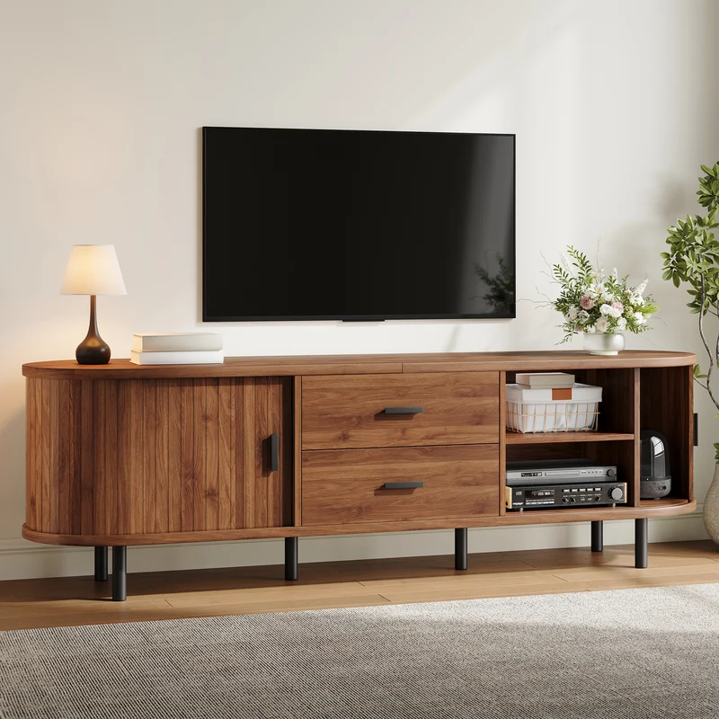 Meuble TV effet noyer avec portes coulissantes, 2 tiroirs et façade 3D 160x40x55cm PILLOWPRO