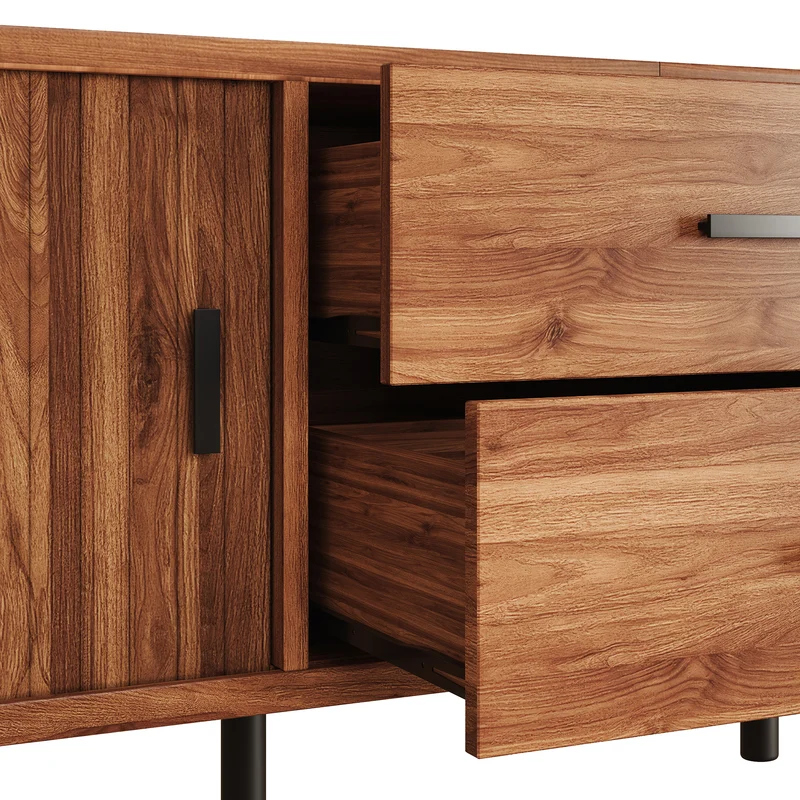 Meuble TV effet noyer avec portes coulissantes, 2 tiroirs et façade 3D 160x40x55cm PILLOWPRO