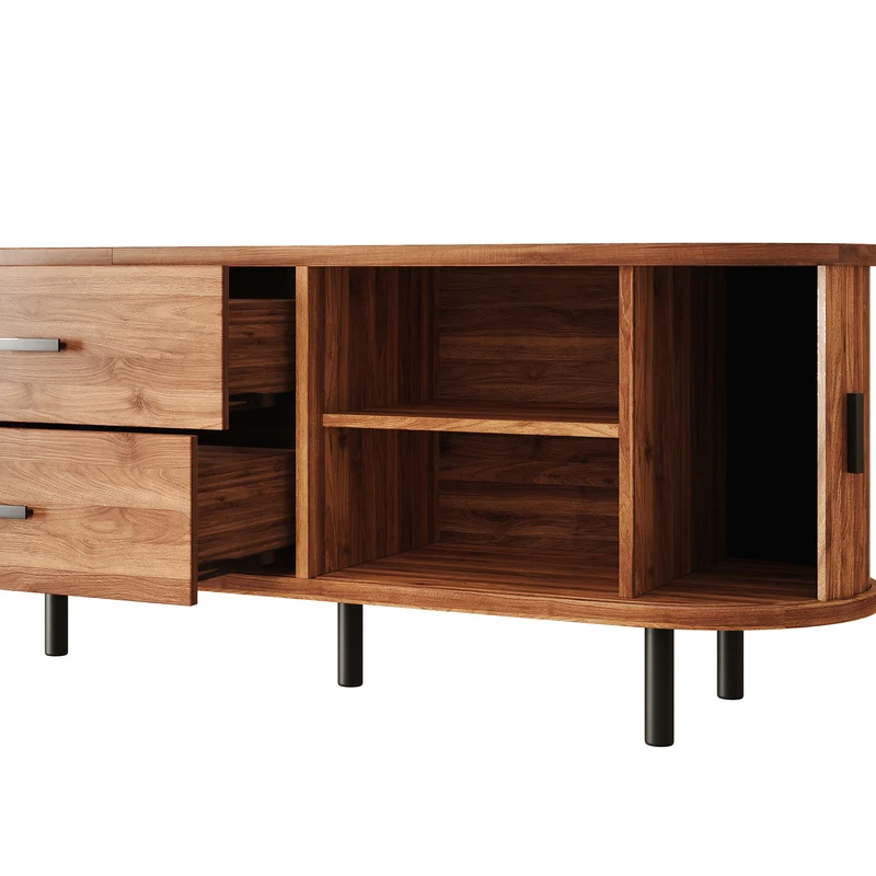 Meuble TV effet noyer avec portes coulissantes, 2 tiroirs et façade 3D 160x40x55cm PILLOWPRO