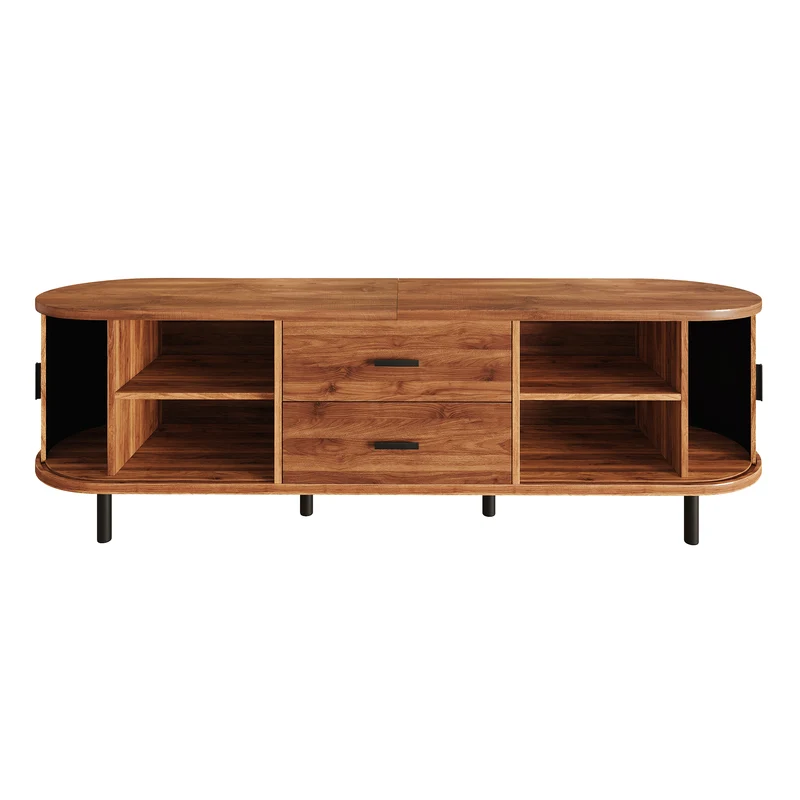 Meuble TV effet noyer avec portes coulissantes, 2 tiroirs et façade 3D 160x40x55cm PILLOWPRO