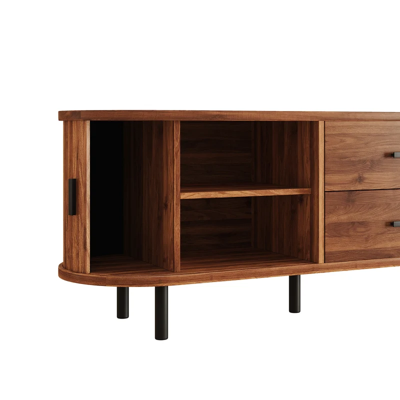 Meuble TV effet noyer avec portes coulissantes, 2 tiroirs et façade 3D 160x40x55cm PILLOWPRO