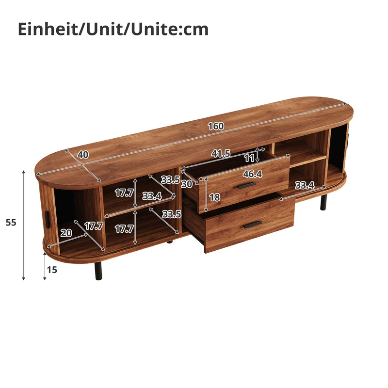 Meuble TV effet noyer avec portes coulissantes, 2 tiroirs et façade 3D 160x40x55cm PILLOWPRO