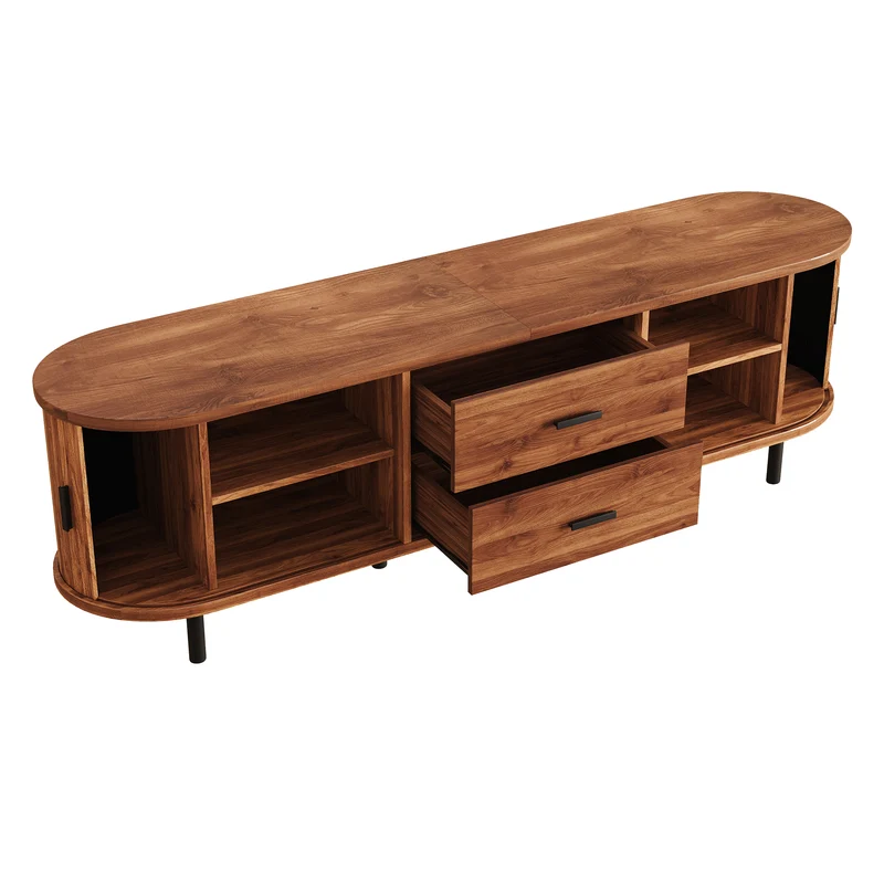 Meuble TV effet noyer avec portes coulissantes, 2 tiroirs et façade 3D 160x40x55cm PILLOWPRO