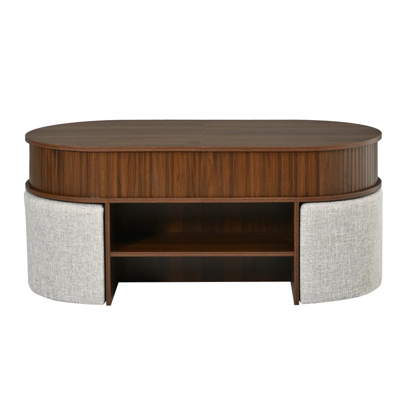 Ensemble de table basse ovale effet noyer avec 4 poufs et portes coulissantes 120 cm PILLOWSTYLE