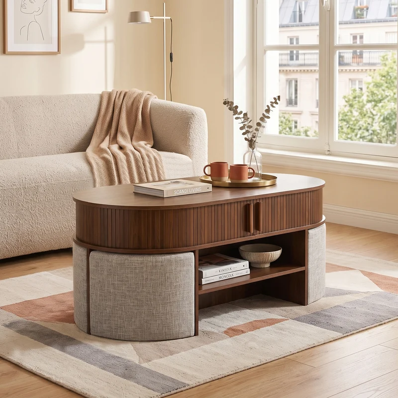 Ensemble de table basse ovale effet noyer avec 4 poufs et portes coulissantes 120 cm PILLOWSTYLE