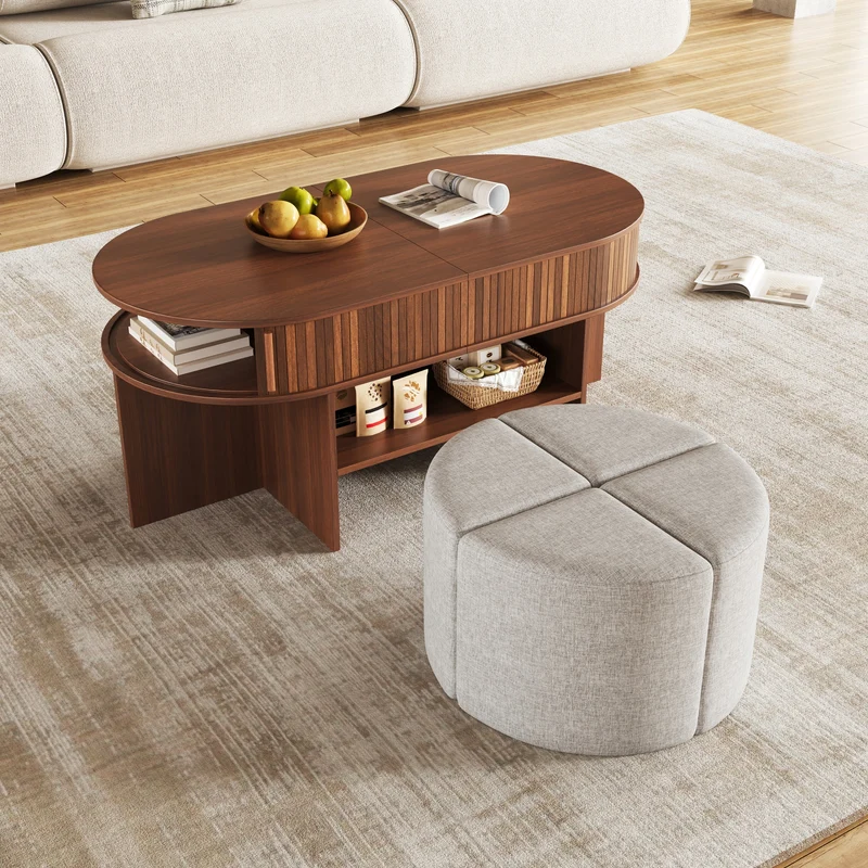 Ensemble de table basse ovale effet noyer avec 4 poufs et portes coulissantes 120 cm PILLOWSTYLE