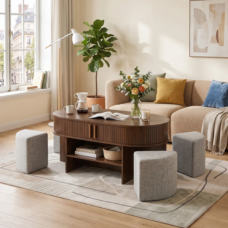 Ensemble de table basse ovale effet noyer avec 4 poufs et portes coulissantes 120 cm PILLOWSTYLE
