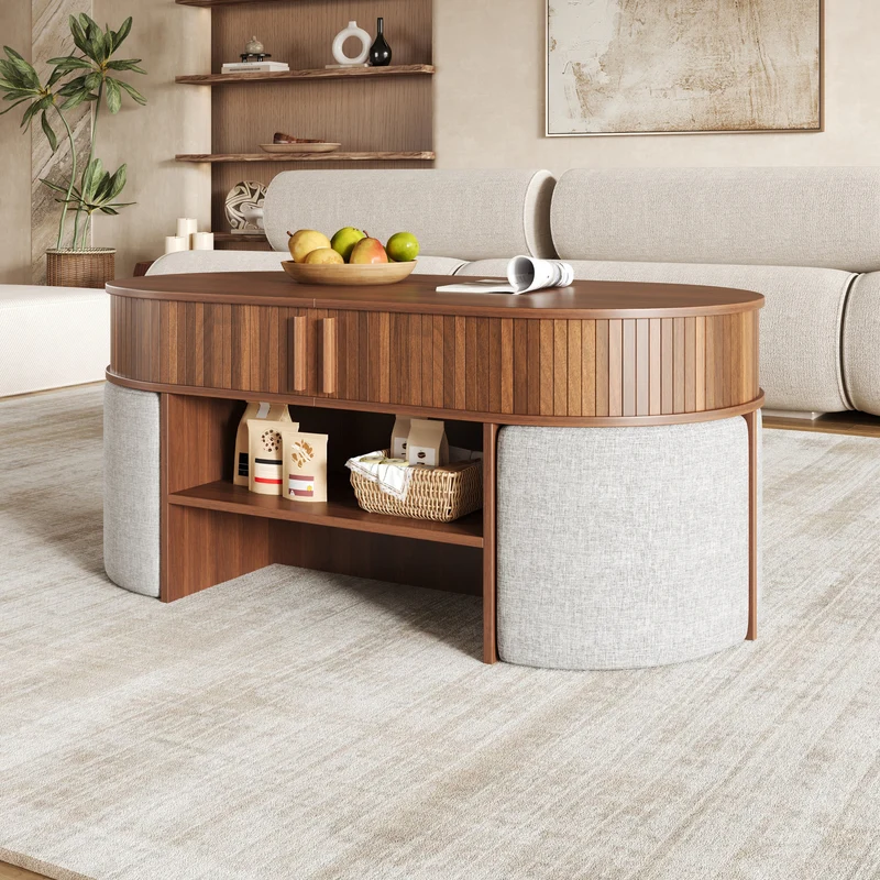 Ensemble de table basse ovale effet noyer avec 4 poufs et portes coulissantes 120 cm PILLOWSTYLE