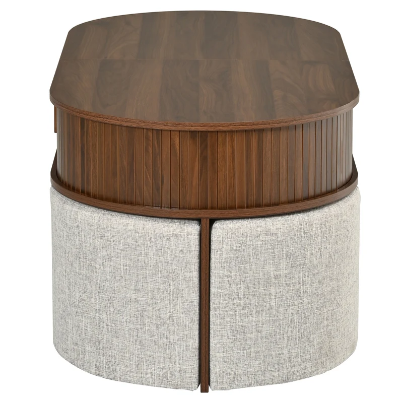 Ensemble de table basse ovale effet noyer avec 4 poufs et portes coulissantes 120 cm PILLOWSTYLE