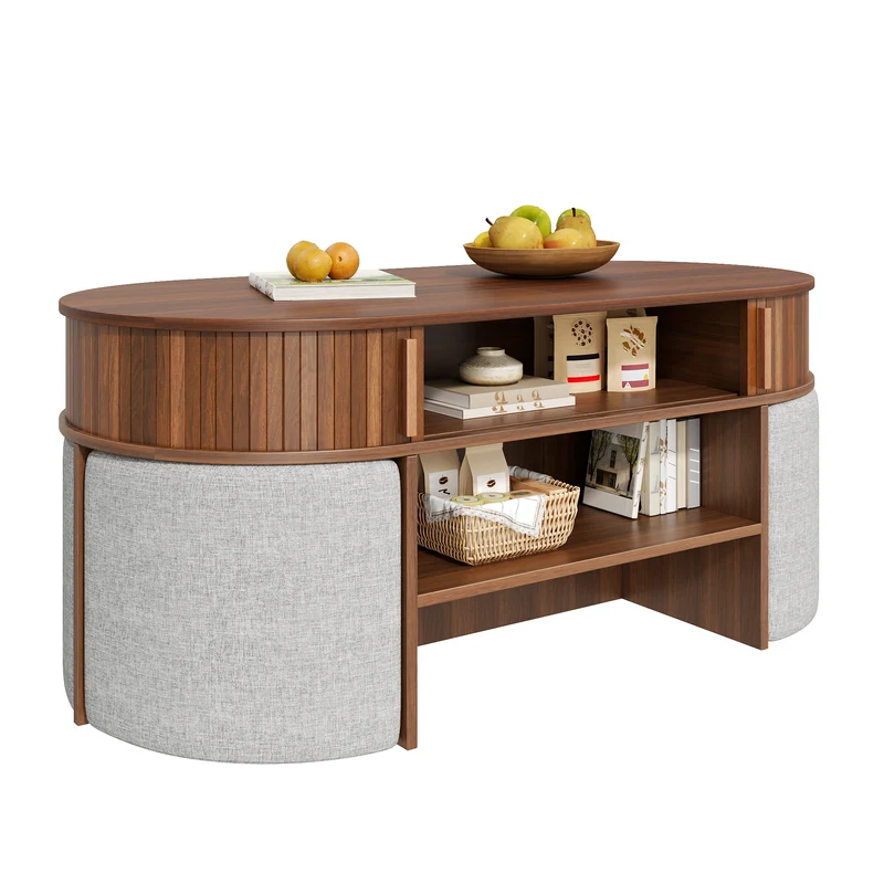 Ensemble de table basse ovale effet noyer avec 4 poufs et portes coulissantes 120 cm PILLOWSTYLE