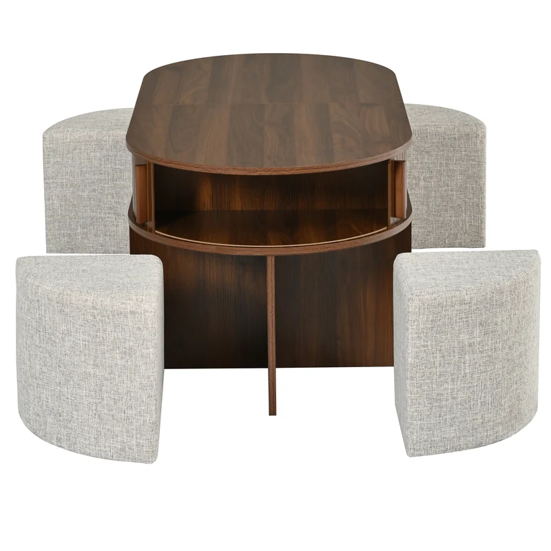 Ensemble de table basse ovale effet noyer avec 4 poufs et portes coulissantes 120 cm PILLOWSTYLE