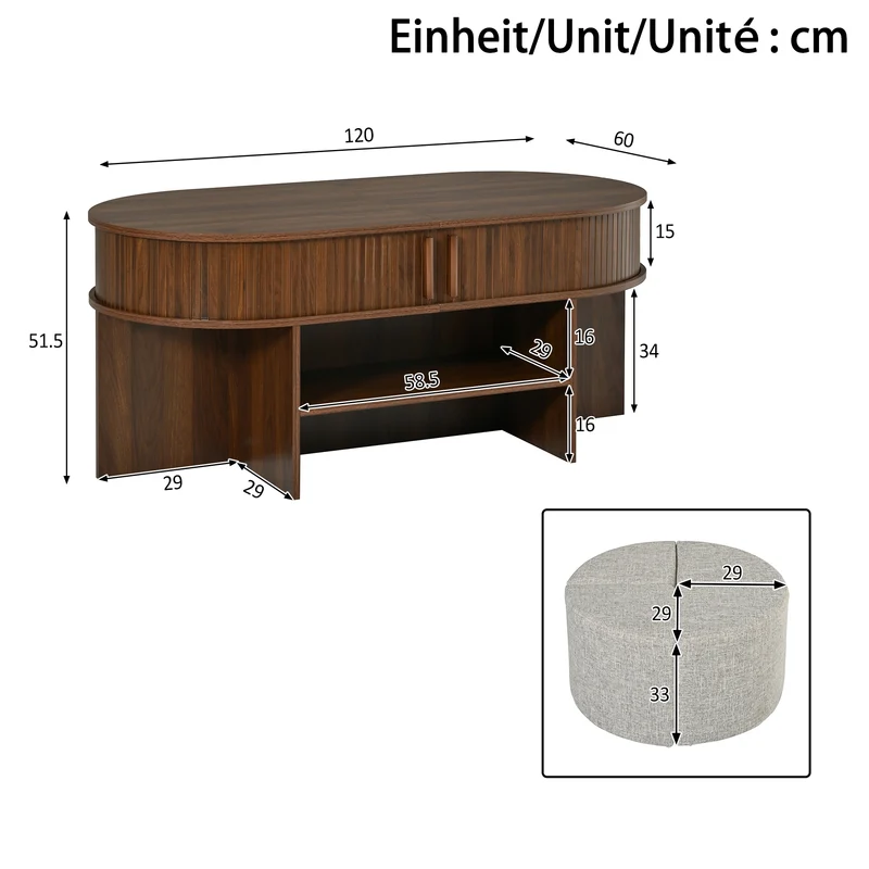 Ensemble de table basse ovale effet noyer avec 4 poufs et portes coulissantes 120 cm PILLOWSTYLE