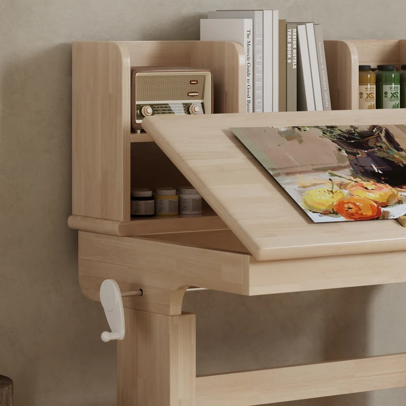 Bureau évolutif réglable en hauteur en bois massif, plateau inclinable 0–43° pour enfant SHELFFLOW