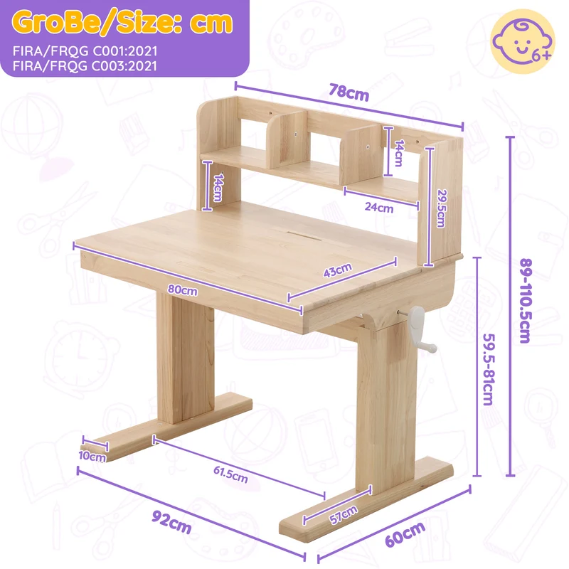 Bureau évolutif réglable en hauteur en bois massif, plateau inclinable 0–43° pour enfant SHELFFLOW