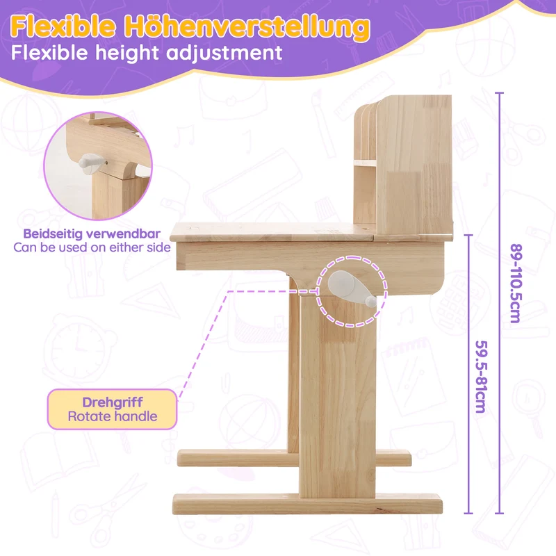 Bureau évolutif réglable en hauteur en bois massif, plateau inclinable 0–43° pour enfant SHELFFLOW