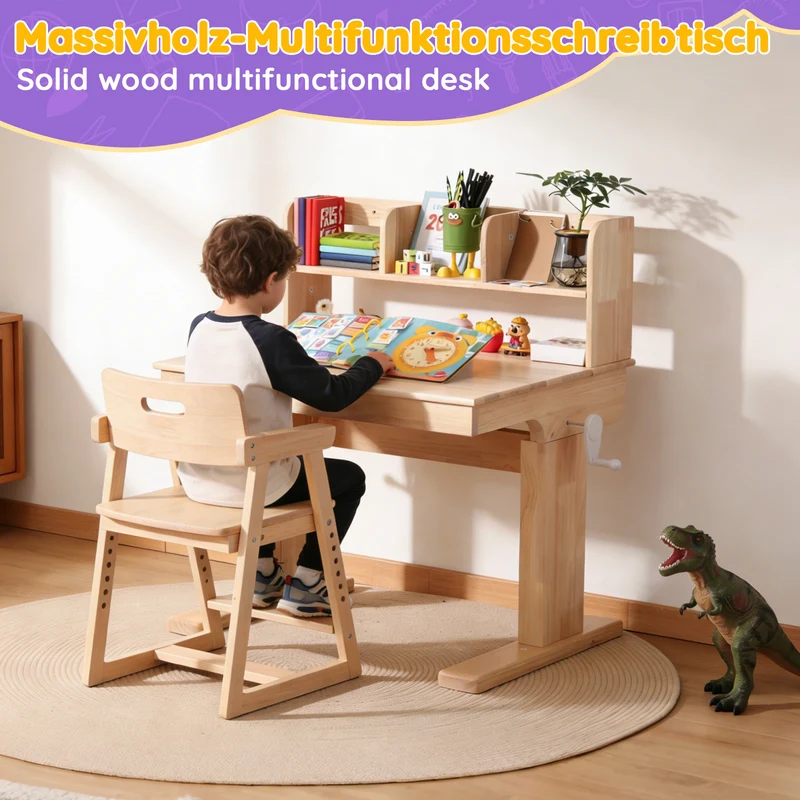 Bureau évolutif réglable en hauteur en bois massif, plateau inclinable 0–43° pour enfant SHELFFLOW