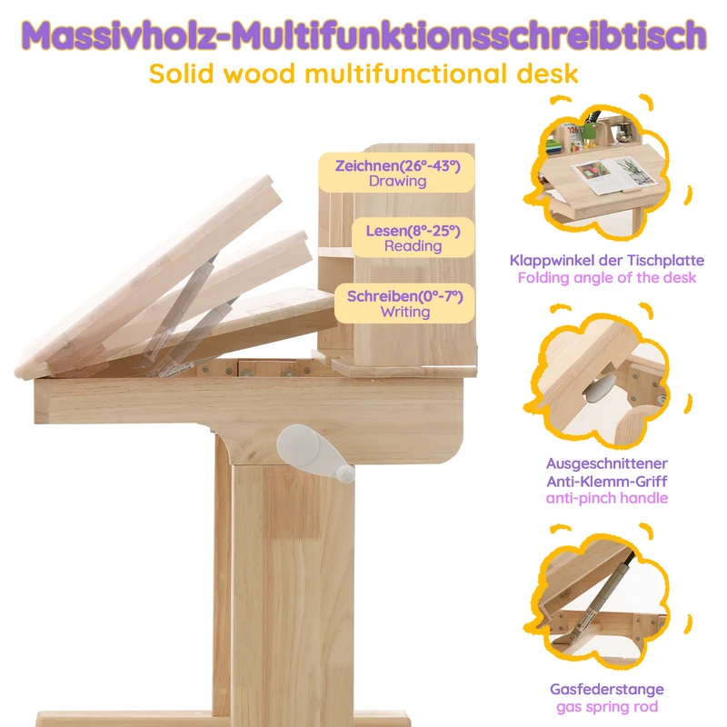 Bureau évolutif réglable en hauteur en bois massif, plateau inclinable 0–43° pour enfant SHELFFLOW