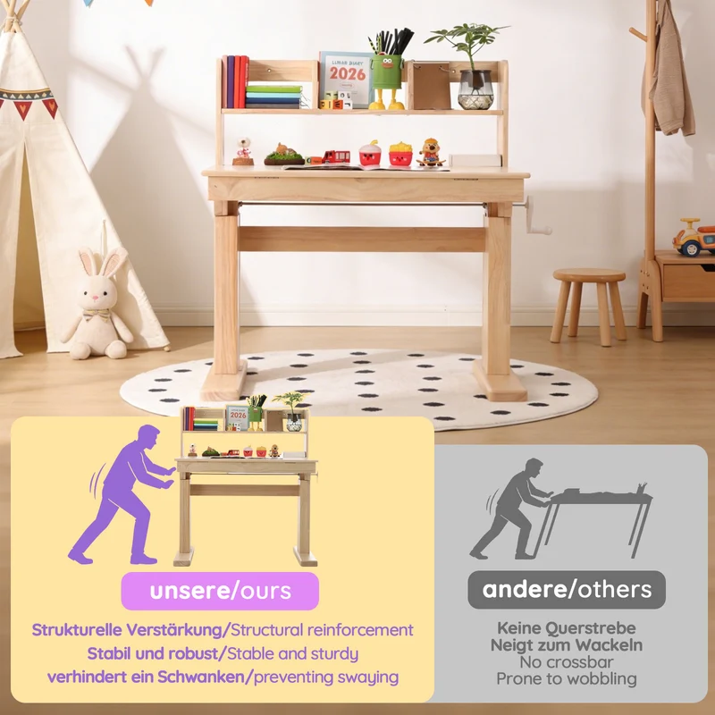Bureau évolutif réglable en hauteur en bois massif, plateau inclinable 0–43° pour enfant SHELFFLOW