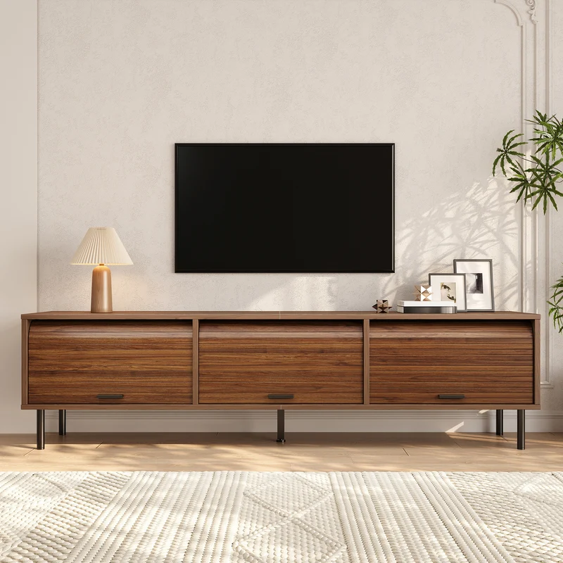 Meuble TV effet noyer à 3 portes coulissantes, style rétro 180cm PILLOWBROWN