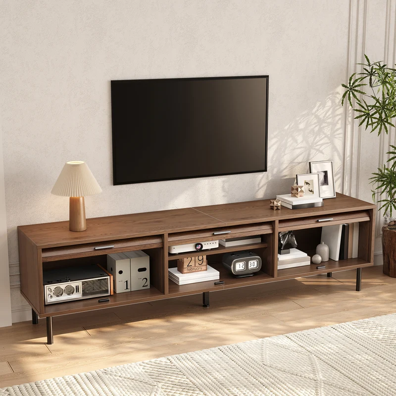 Meuble TV effet noyer à 3 portes coulissantes, style rétro 180cm PILLOWBROWN