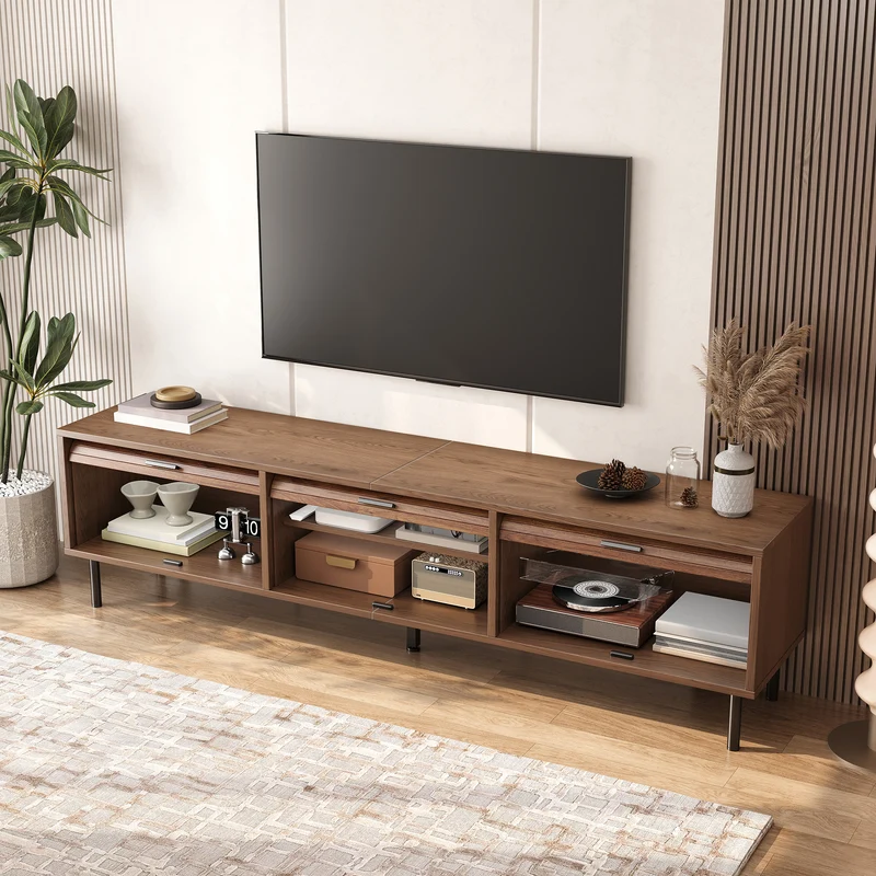 Meuble TV effet noyer à 3 portes coulissantes, style rétro 180cm PILLOWBROWN