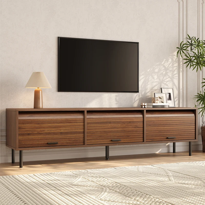 Meuble TV effet noyer à 3 portes coulissantes, style rétro 180cm PILLOWBROWN