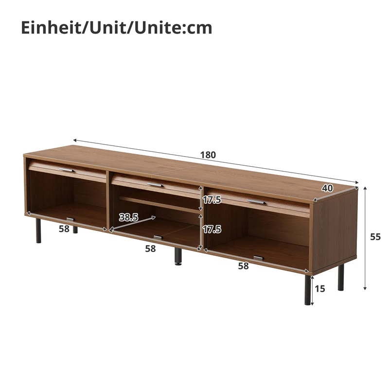 Meuble TV effet noyer à 3 portes coulissantes, style rétro 180cm PILLOWBROWN