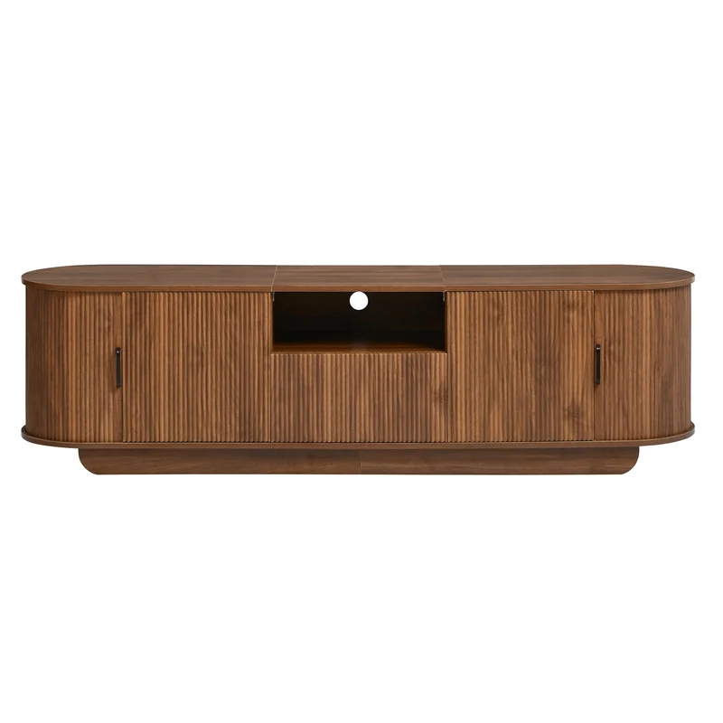 Meuble TV effet noyer avec portes coulissantes, tiroirs et façade 3D 180x40x50cm PILLOWRATTAN