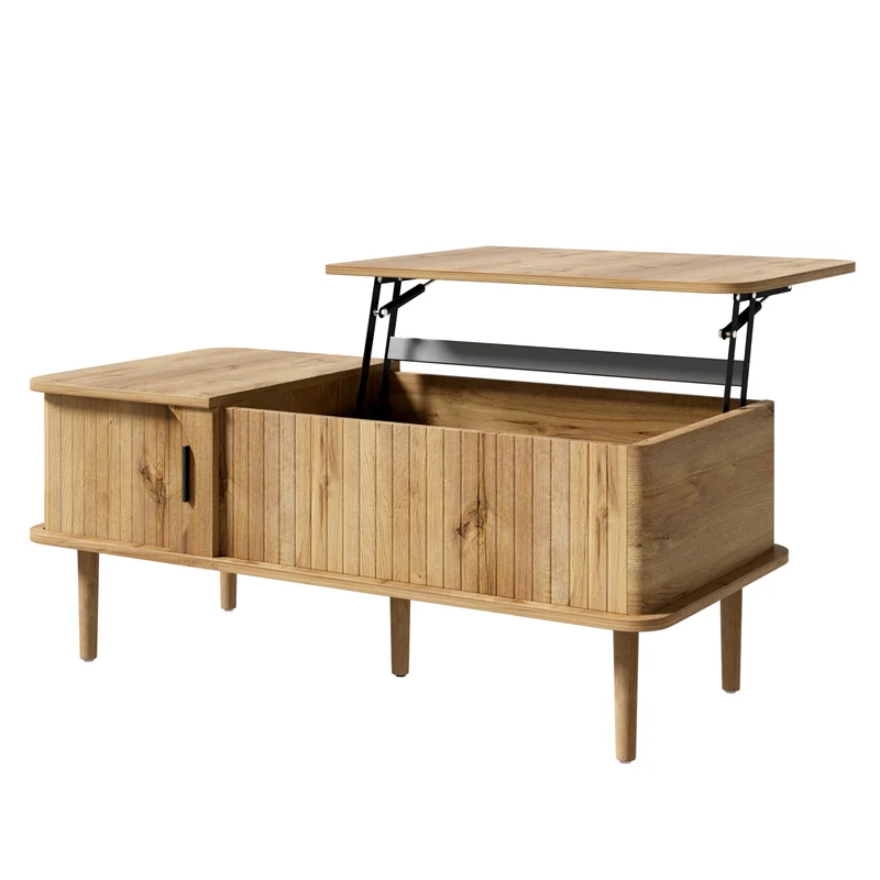 Table basse relevable effet bois, rétro, porte coulissante 100x48cm PILLOWDARK