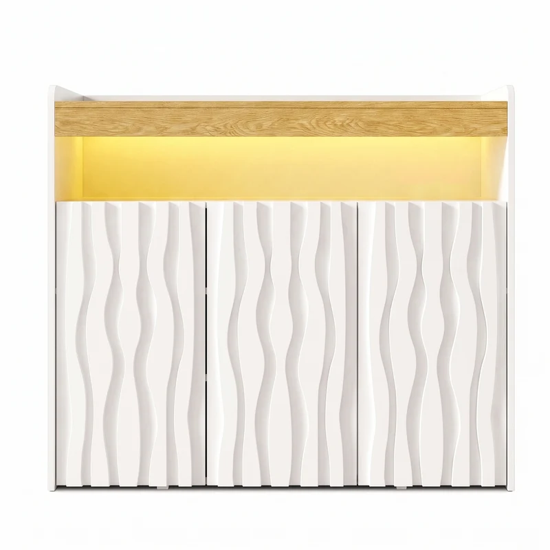 Meuble à chaussures blanc et bois avec LED, 3 portes, motif ondulé MULTISOFA