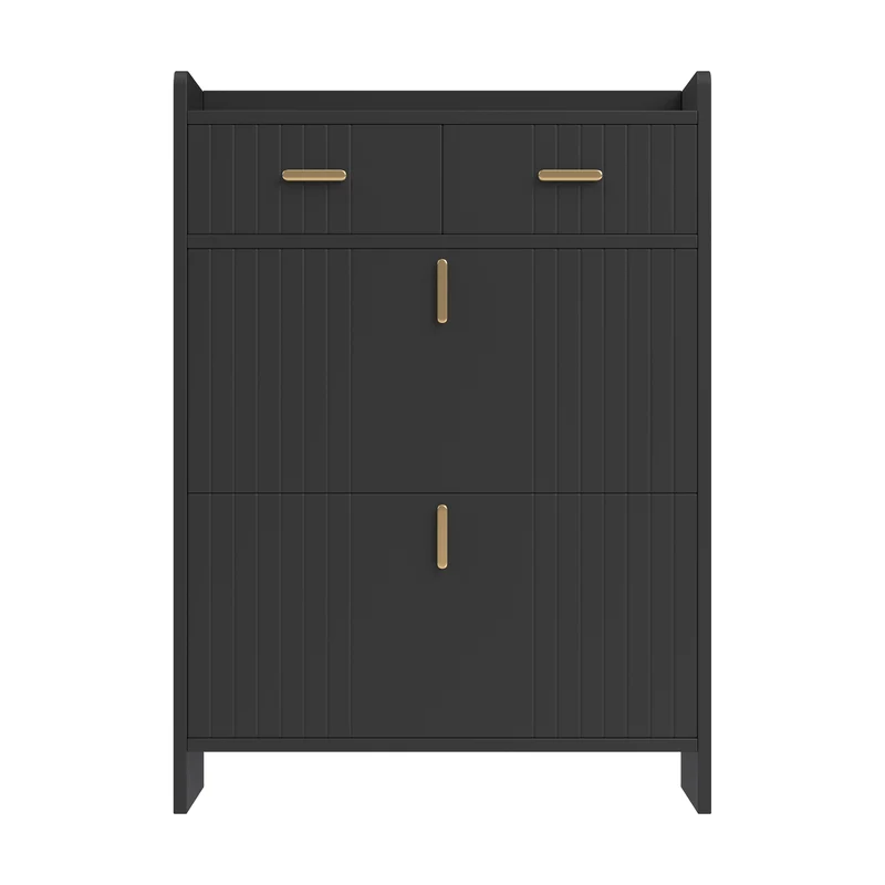 Meuble à chaussures noir avec 2 tiroirs, 2 portes et accents dorés 75×24×108,5 cm MULTITHROW
