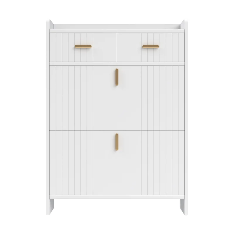 Meuble à chaussures blanc avec 2 tiroirs, 2 portes et accents dorés 75×24×108,5 cm MULTIWALNUTPRIME