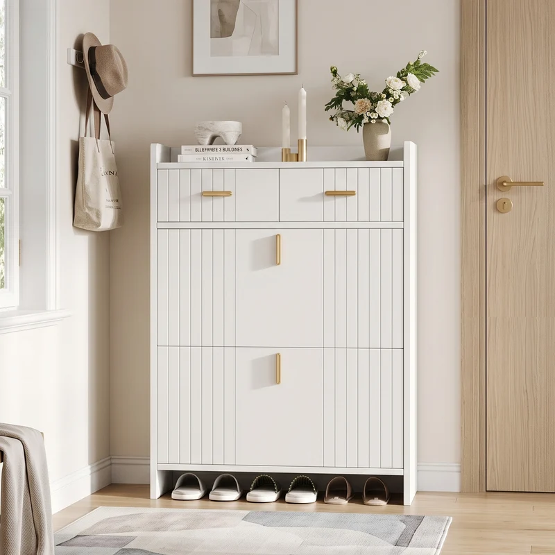Meuble à chaussures blanc avec 2 tiroirs, 2 portes et accents dorés 75×24×108,5 cm MULTIWALNUTPRIME