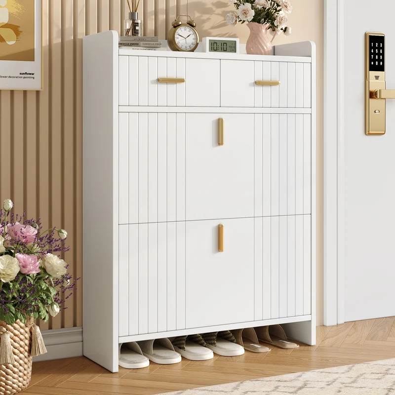 Meuble à chaussures blanc avec 2 tiroirs, 2 portes et accents dorés 75×24×108,5 cm MULTIWALNUTPRIME