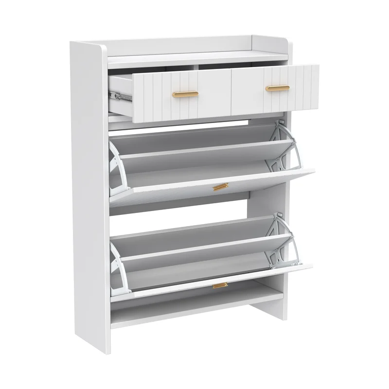 Meuble à chaussures blanc avec 2 tiroirs, 2 portes et accents dorés 75×24×108,5 cm MULTIWALNUTPRIME