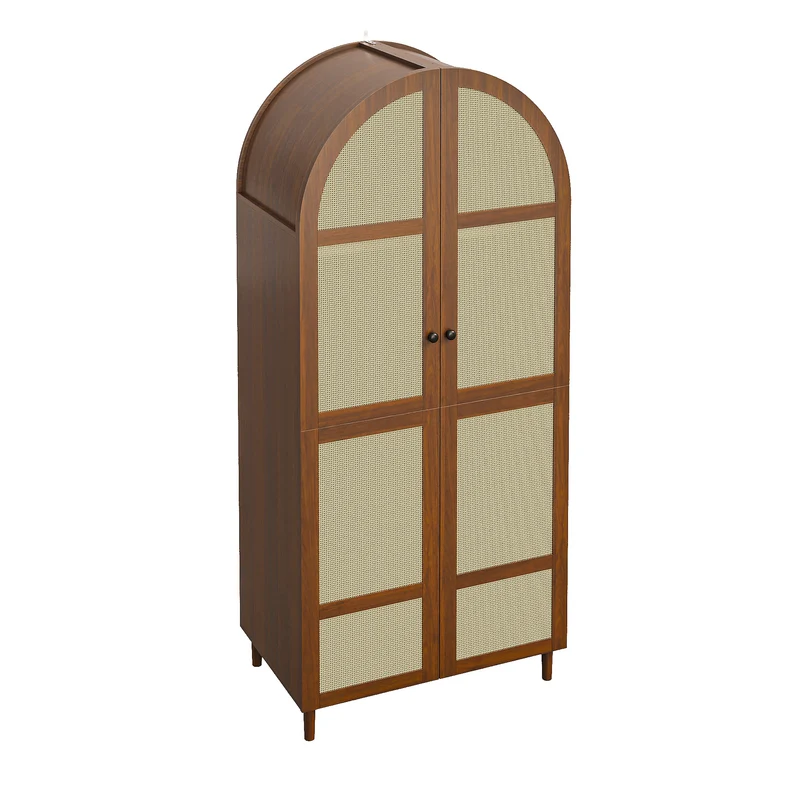 Armoire effet noyer avec portes arrondies et cannage en rotin PANELPURE