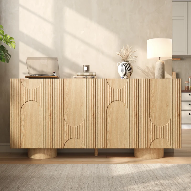 Buffet effet bois naturel motif arche en 3D et 4 portes 160x38x76cm PILLOWWHITE